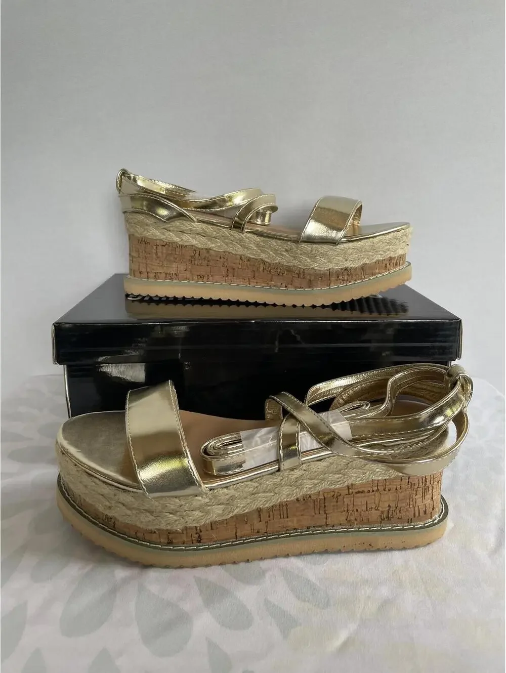 NIB Size 7 Pretty Little Thing Gold Espadrille Lace Up Platform Sandals